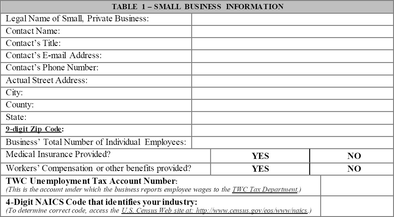Skills for Small Business Applicant Informaiton Table 1