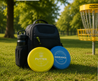 Disc golf discs, water bottle and a yellow disc golf basket.